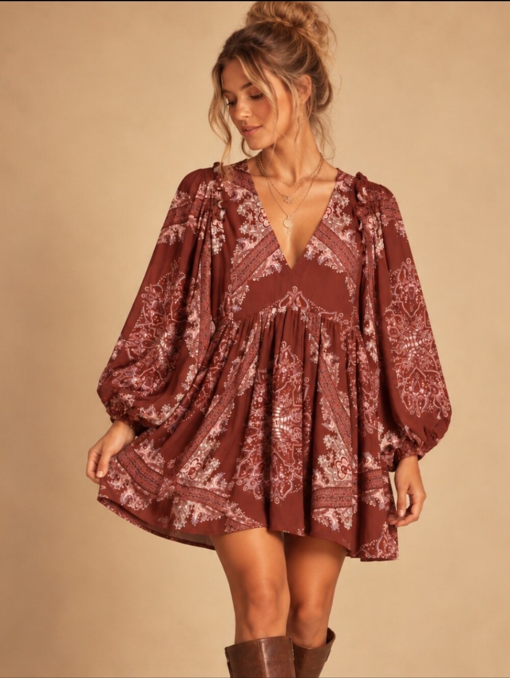 Free People Burgundy Paisley Boho Hi Low Mini Dress Small EUC